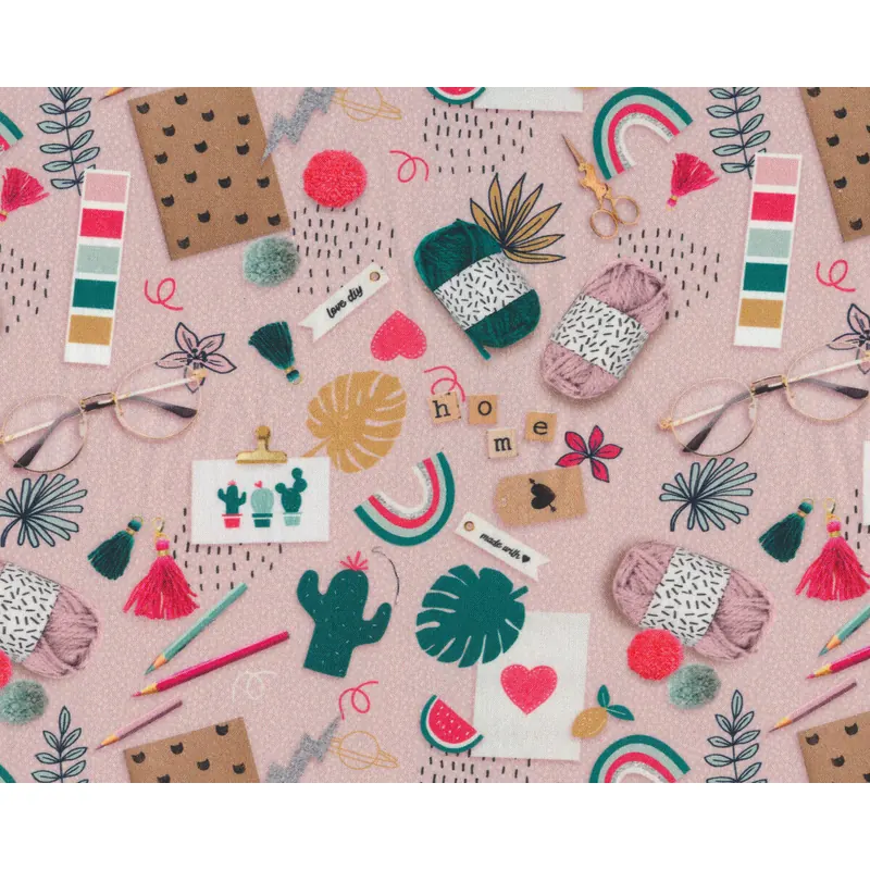 Patchworkstoff HANDMADE, Handarbeiten mit Brille, altrosa