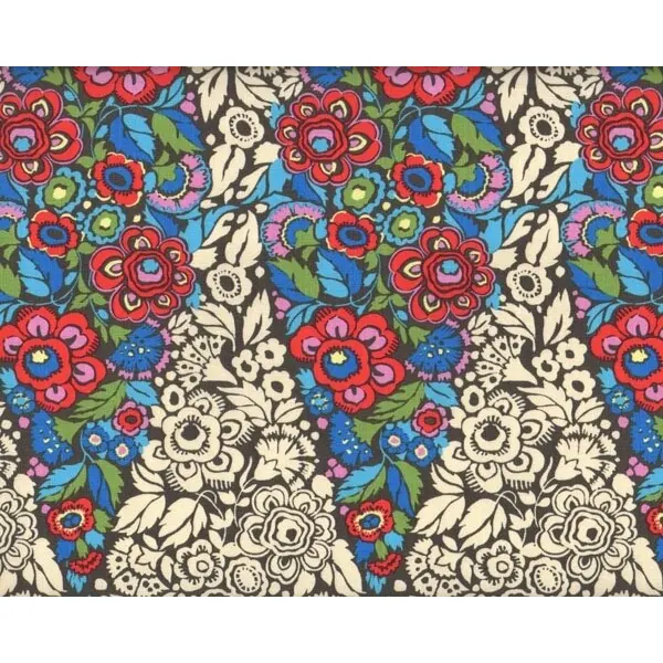 Patchworkstoff HAPI TRAPEZE, Blüten-Rauten, rot-blau-hellbeige