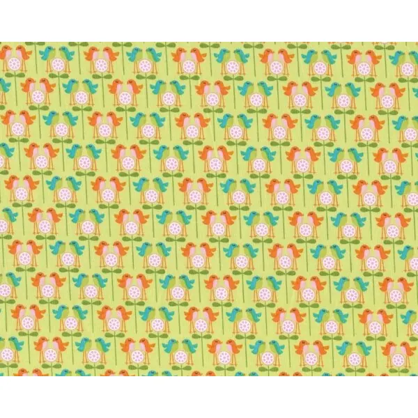 Patchworkstoff "Happier" mit gespiegelten Vögelchen und Blume, helles apfelgrün-orange-türkis