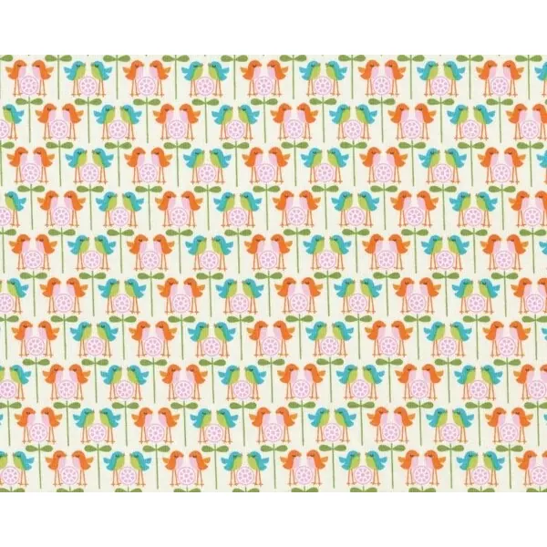 Patchworkstoff "Happier" mit gespiegelten Vögelchen und Blume, wollweiß-orange-türkis