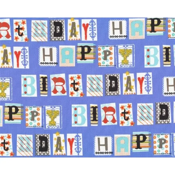 Patchworkstoff "Happy Birthday" mit Zierbuchstaben in Kästchen zum Geburtstag, mittelblau-rot-schwarz