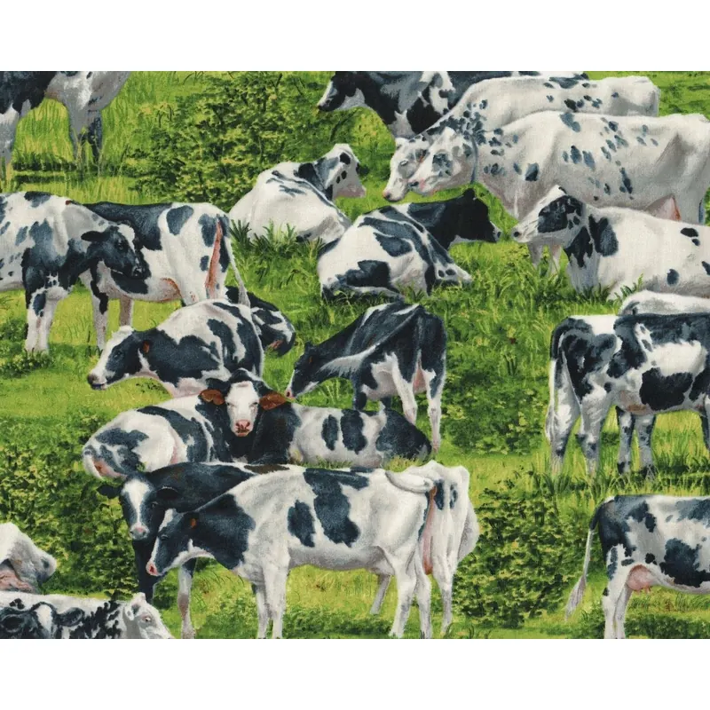 Patchworkstoff HAPPY COWS, glückliche Kühe auf der Weide, gebrochenes weiß-grasgrün