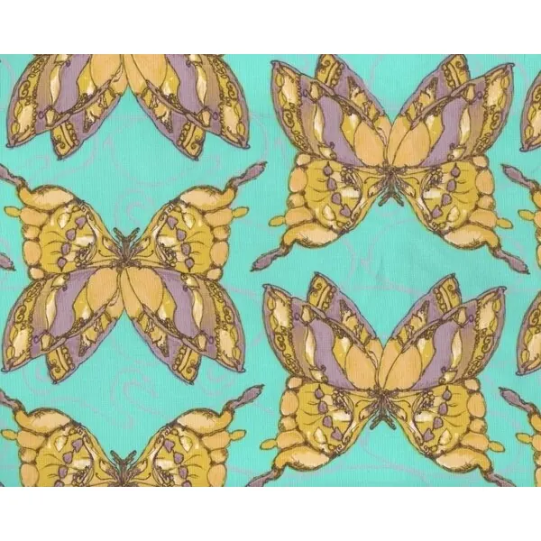 Patchworkstoff "Haven's Edge" mit großen Schmetterlingen, türkis-beige
