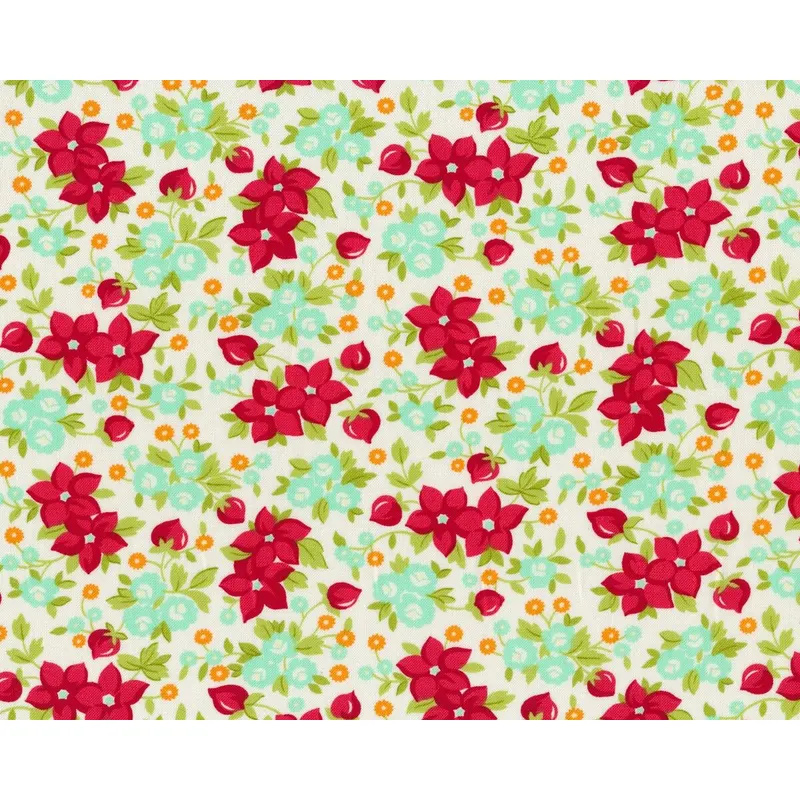 Patchworkstoff HELLO DARLING, Blumen-Bouquets, wollweiß-rot, Moda Fabrics