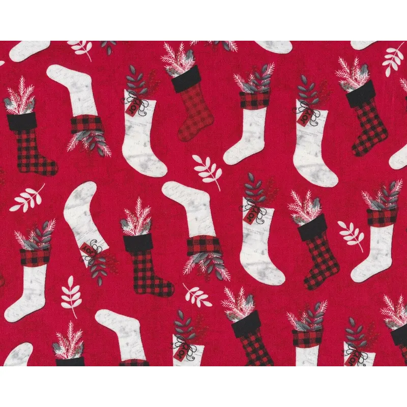 Patchworkstoff HOLIDAY HOMECOMING, Weihnachts-Strümpfe, rot-schwarz