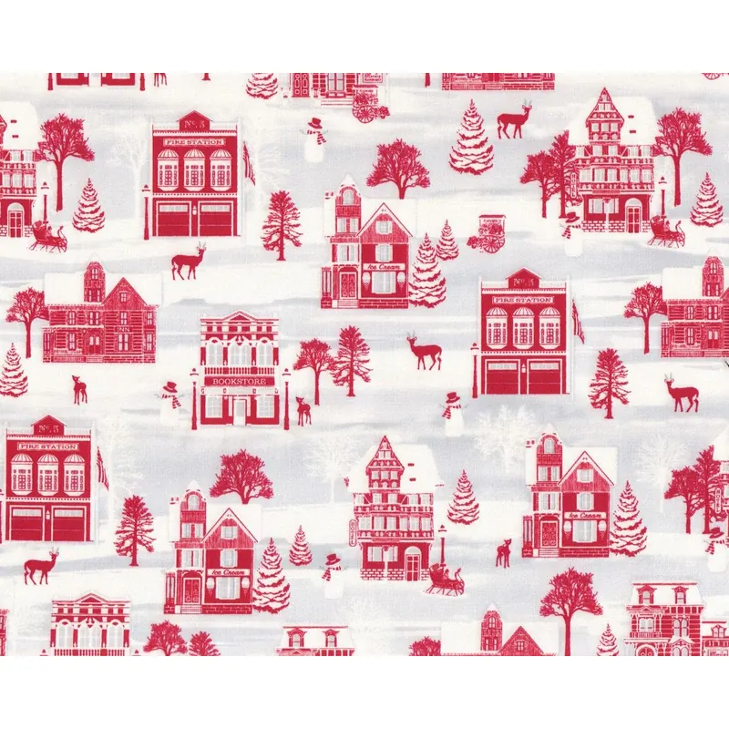 Patchworkstoff HOLIDAY LANE, Häuser und Rehe, rot, Henry Glass
