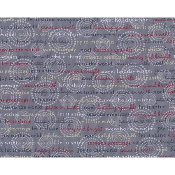 Patchworkstoff HOLIDAY SPARKLE, Punkte-Kreise und Schrift, grau