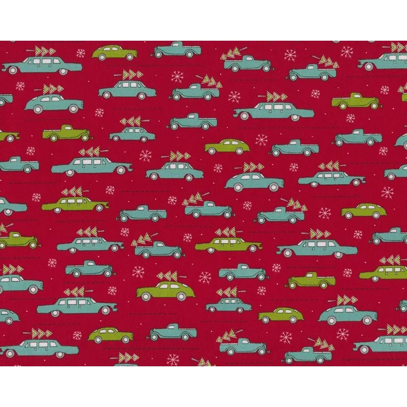 Patchworkstoff HOLLYS TREE FARM, Autos mit Tannenbäumen, dunkelrot-mintgrün, Moda Fabrics