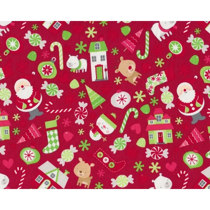 Patchworkstoff HOME FOR THE HOLIDAYS, Weihnachtsmann und Candies, dunkelrot