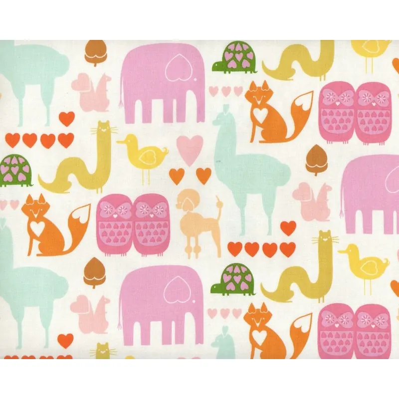 Patchworkstoff I LOVE ANIMALS, Tiere und Herzen, wollweiß-rosa