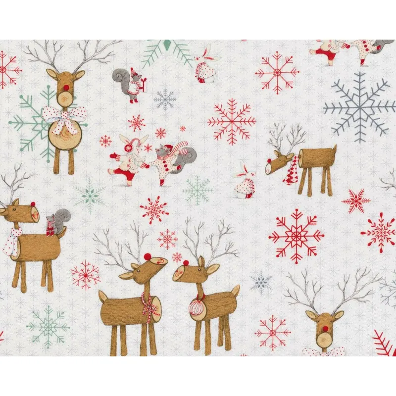 Patchworkstoff JOY, LOVE, PEACE, niedliche Holz-Rentiere, gebrochenes weiß-hellbraun
