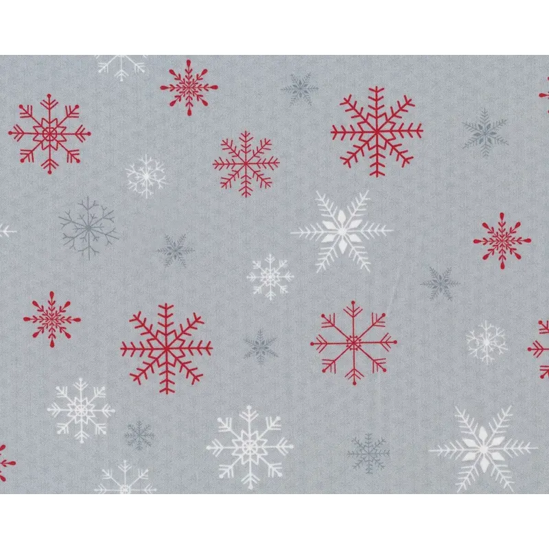 Patchworkstoff JOY, LOVE, PEACE, Schneekristalle, grau-rot