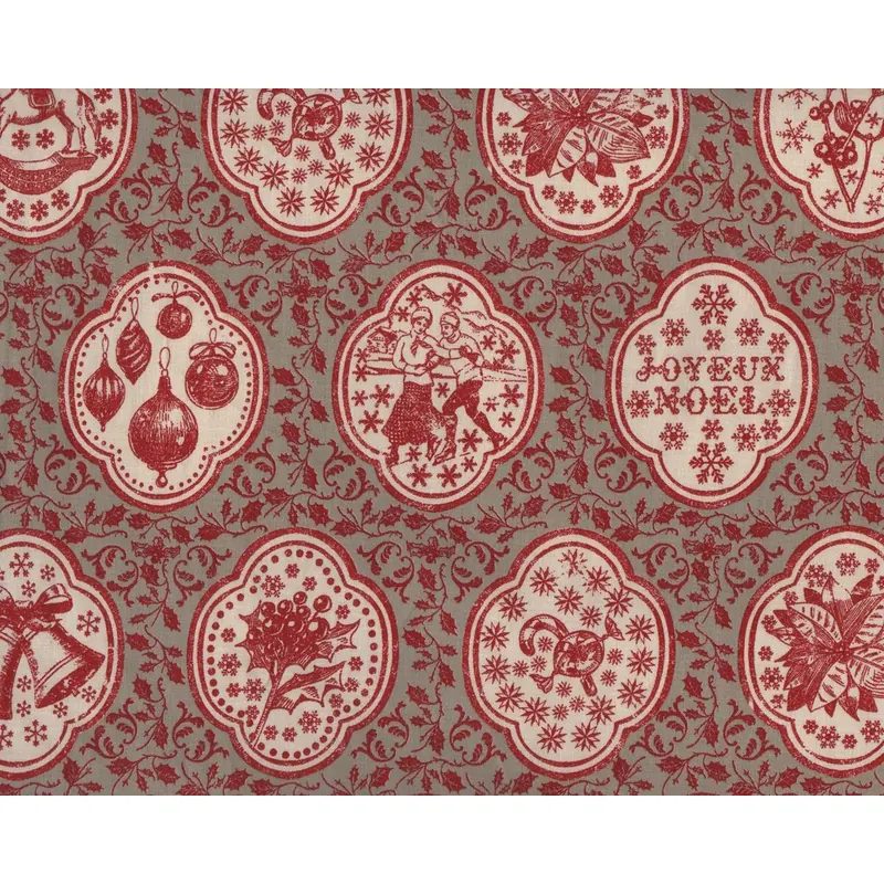 Patchworkstoff JOYEUX NOEL, Weihnachtsmedaillons, beigegrau-dunkelrot, Moda Fabrics