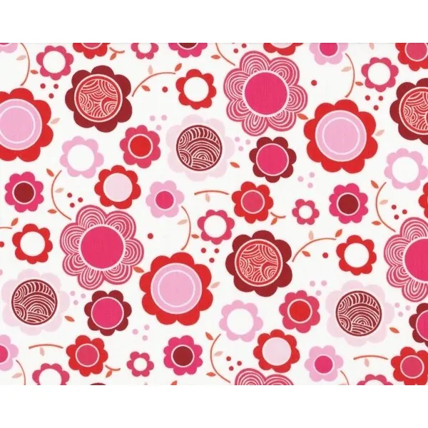 Patchworkstoff "Kitty Garden Gerbers" mit Kreis-Blumen, rosa-weinrot-weiß