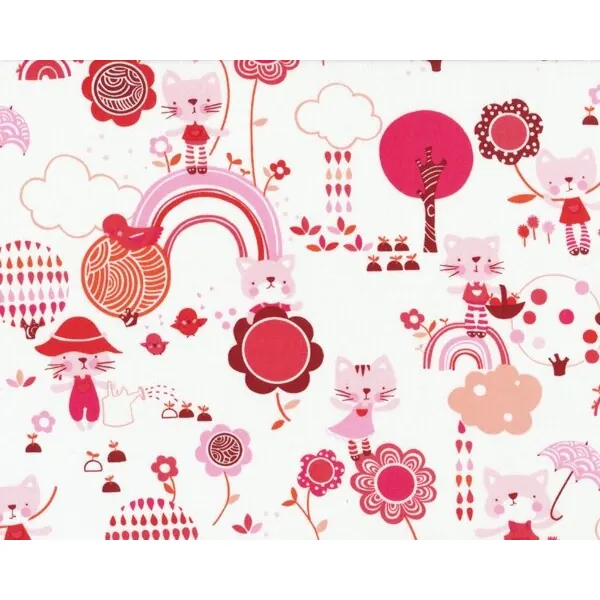 Patchworkstoff "Kitty Garden" mit Katzenkindern im Garten, rosa-weinrot-weiß