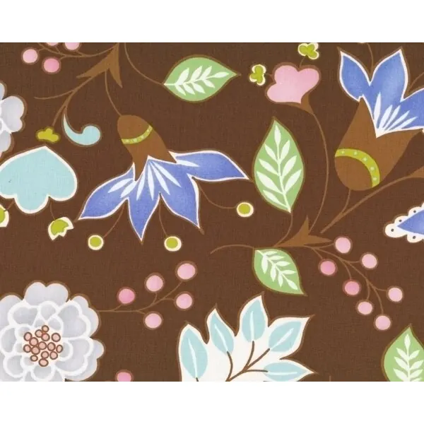 Patchworkstoff "Leanika" mit großen Blüten und Blättern, dunkelbraun-himmelblau