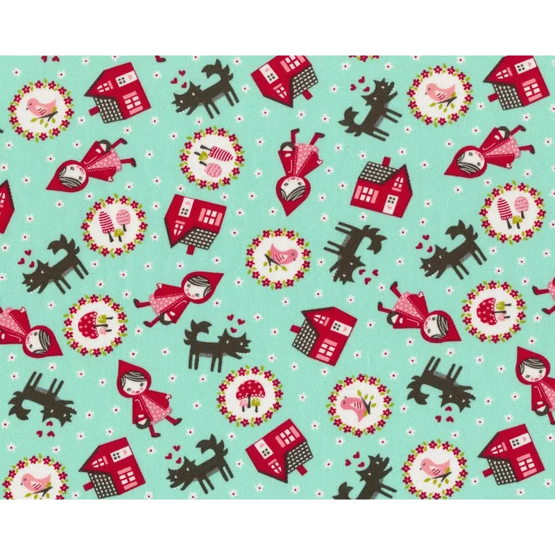 Patchworkstoff LIL' RED, Rotkäppchen und der Wolf, mintgrün-dunkelrot, Moda Fabrics