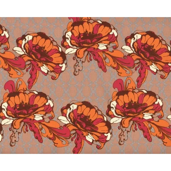 Patchworkstoff "Lilliput Fields" mit ornamentalen Blüten-Reihen, gedecktes orange-gedecktes fuchsia-braun