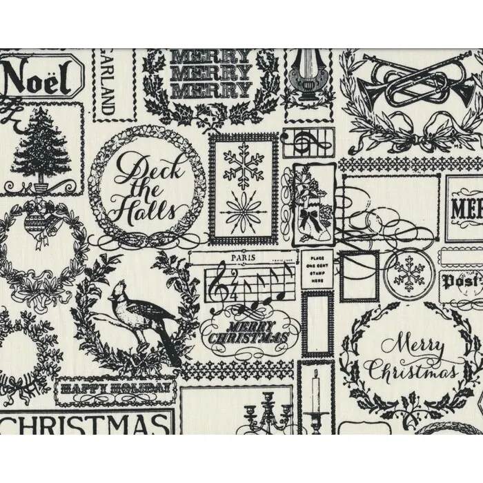 Patchworkstoff LOST & FOUND CHRISTMAS, Kerzenleuchter und Schrift, wollweiß-schwarz