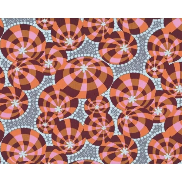 Patchworkstoff "Lou Lou Thi" mit gemusterten Discokugeln und Blubberblasen, aprikot-aubergine