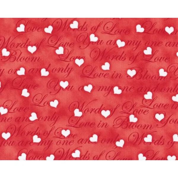 Patchworkstoff "Love in Bloom" mit Schriftzug und Herzen, rot