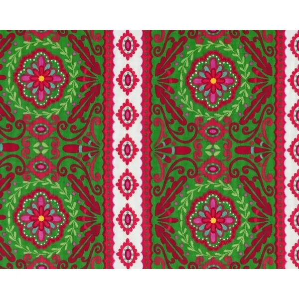 Patchworkstoff "Love & Joy" mit blumigen Bordürenstreifen, grasgrün-rot