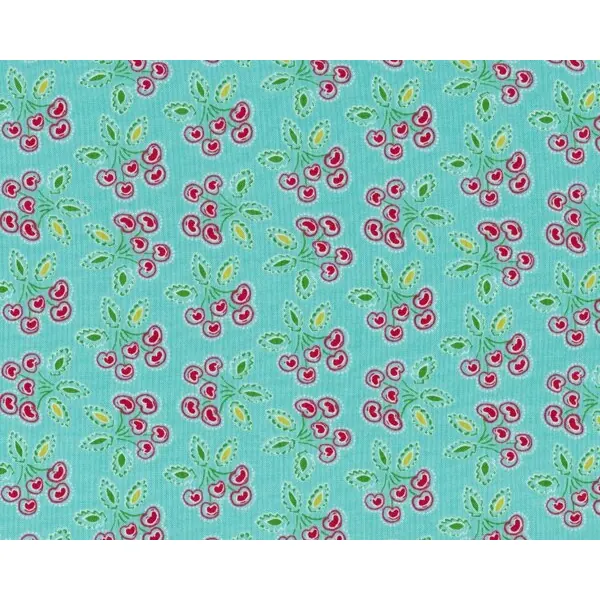 Patchworkstoff "Love & Joy" mit kleinen Kirschen, helles türkis-rot