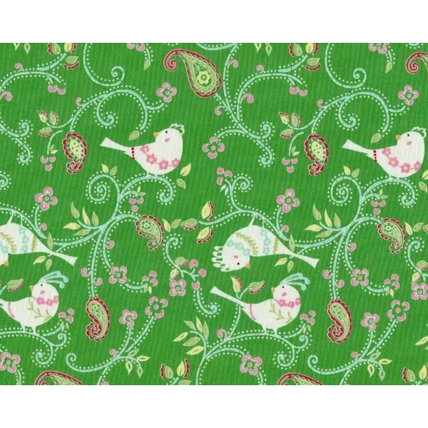 Patchworkstoff "Love & Joy" mit Vögeln auf Paisley-Ranken, grasgrün-weiß