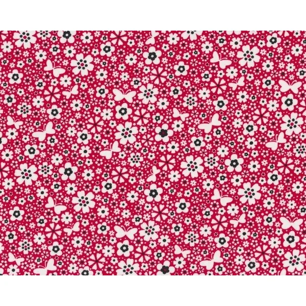 Patchworkstoff "Masquerade Party" mit Streublümchen und Schmetterlingen, kräftiges rot-weiß-schwarz