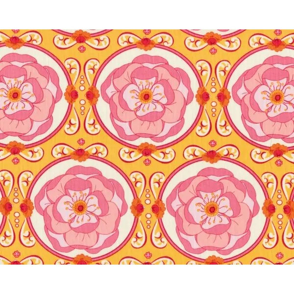 Patchworkstoff "Meadowsweet" mit Blüten-Rosetten, rosa-helles orange