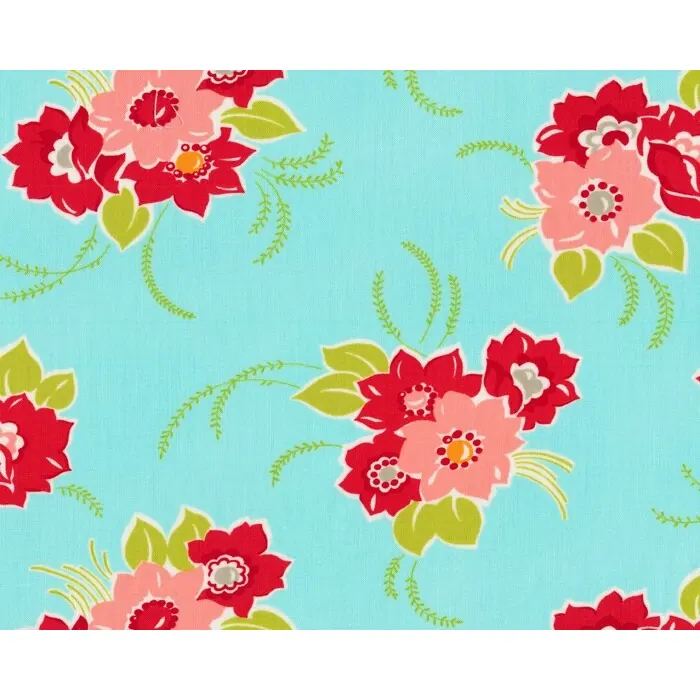 Patchworkstoff MISS KATE, Blumen-Bouquets, helles türkis-rot, Moda Fabrics