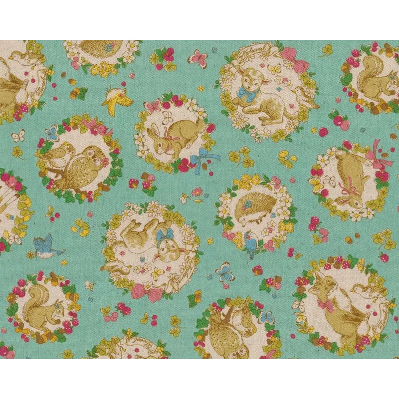 Patchworkstoff mit Leinen FAIRY SPRING, Tierportraits in Blumenkränzen, mintgrün-sandfarben
