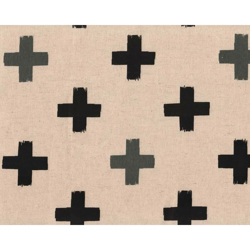 Patchworkstoff mit Leinen JUNA CROSS, große Kreuze, natur-schwarz