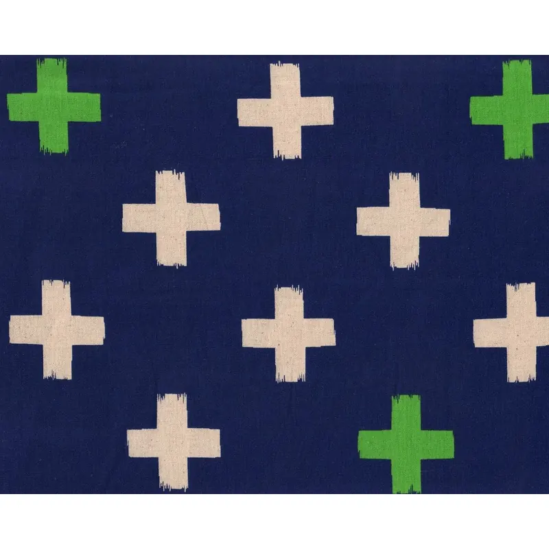Patchworkstoff mit Leinen JUNA CROSS, große Kreuze, ultramarinblau-grasgrün