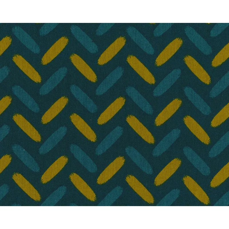 Patchworkstoff mit Leinen JUNA, Strichel-Zacken, dunkles petrol-senfgelb