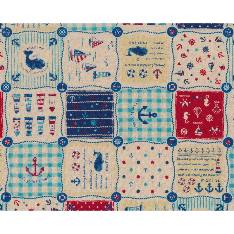 Patchworkstoff mit Leinen MARITIM SYMBOLS, maritime Motive, natur-dunkelblau