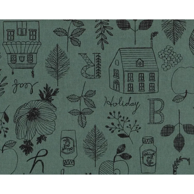 Patchworkstoff mit Leinen OLIVERA, Blätter und Häuser, grüngrau-schwarz