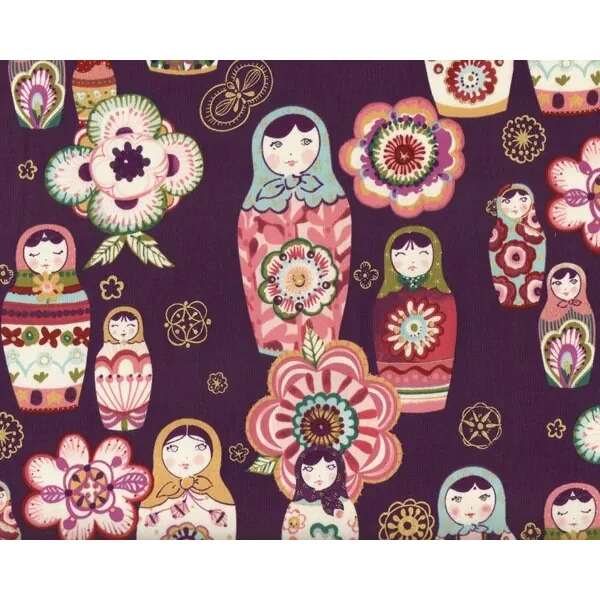 Patchworkstoff "Nadya" mit bunten Matrjoschkas, stumpfes pflaume-altrosa-gold