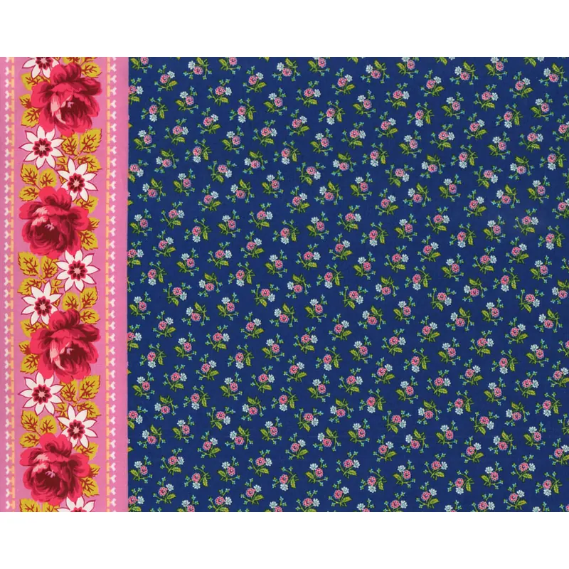 Patchworkstoff NEPTUNE & THE MERMAID, kleine Röschen mit Bordüre, ultramarinblau-rosa