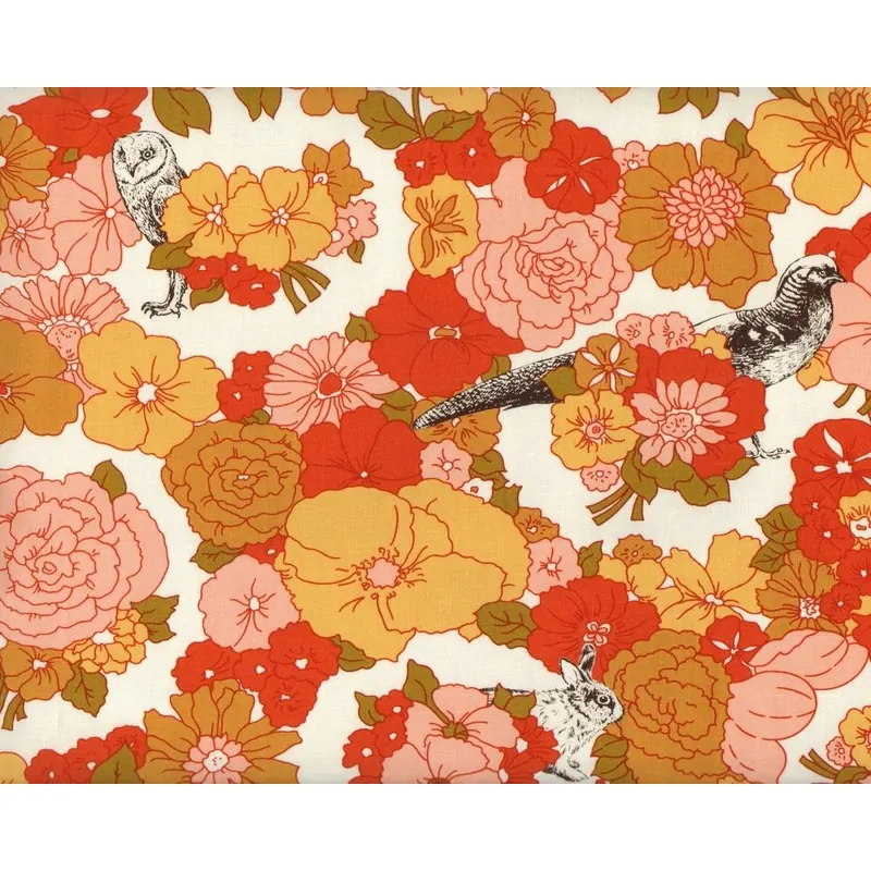 Patchworkstoff NOMAD, Waldtiere und Blumen, cremé-helles aprikot, Moda Fabrics