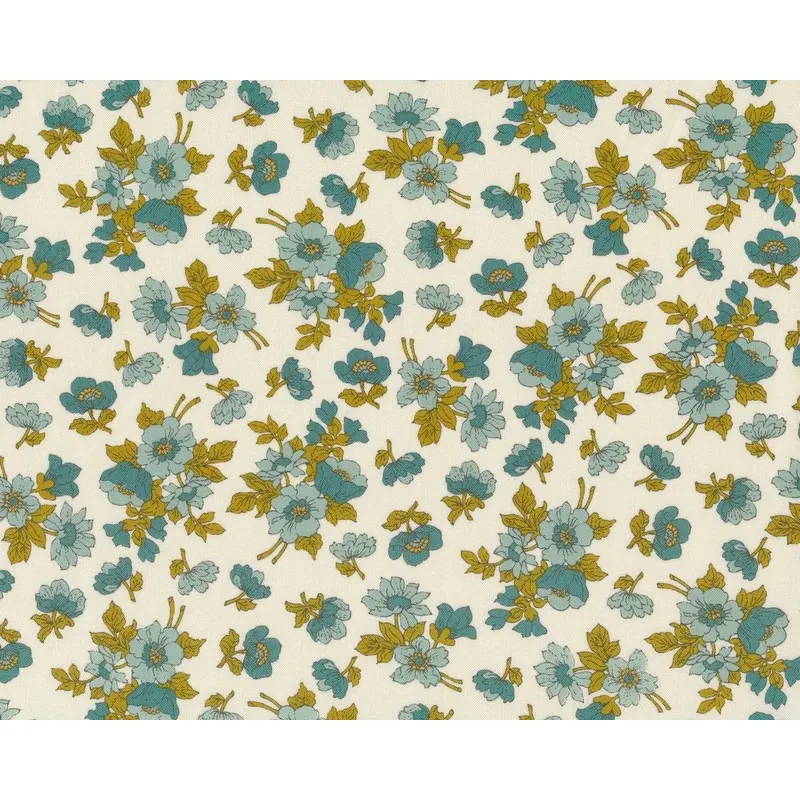 Patchworkstoff NOMAD, Wildrosen, cremé-dunkles türkisgrün, Moda Fabrics