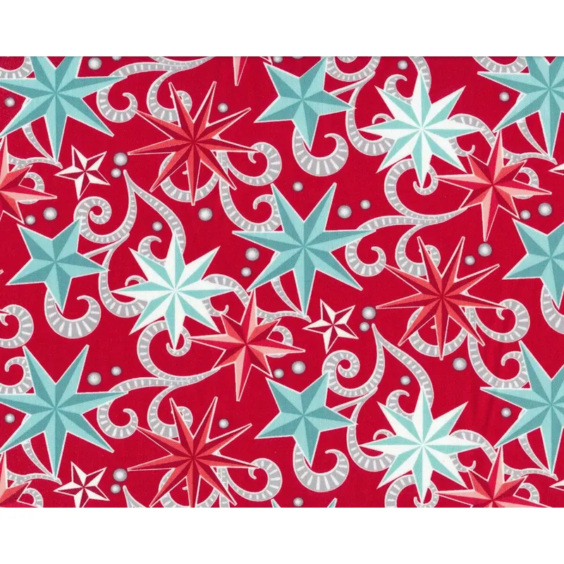 Patchworkstoff NORDIC HOLIDAY, dreidimensionale Sterne, rot-stumpfes türkis