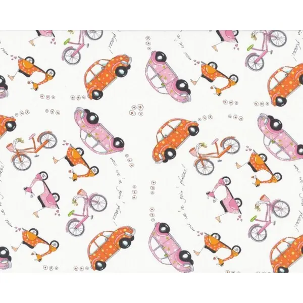Patchworkstoff "Now We're Goin' Places" mit Autos und Mopeds, rosa-orange-weiß