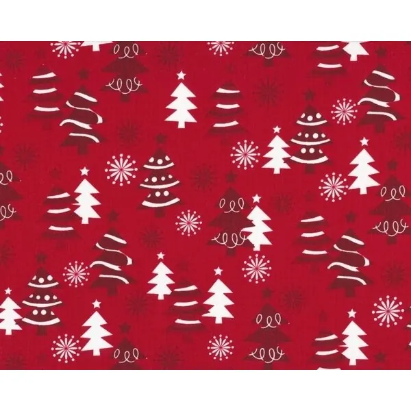 Patchworkstoff "O Tinsel Tree" mit Tannenbäumen und Sternen, dunkelrot-weiß