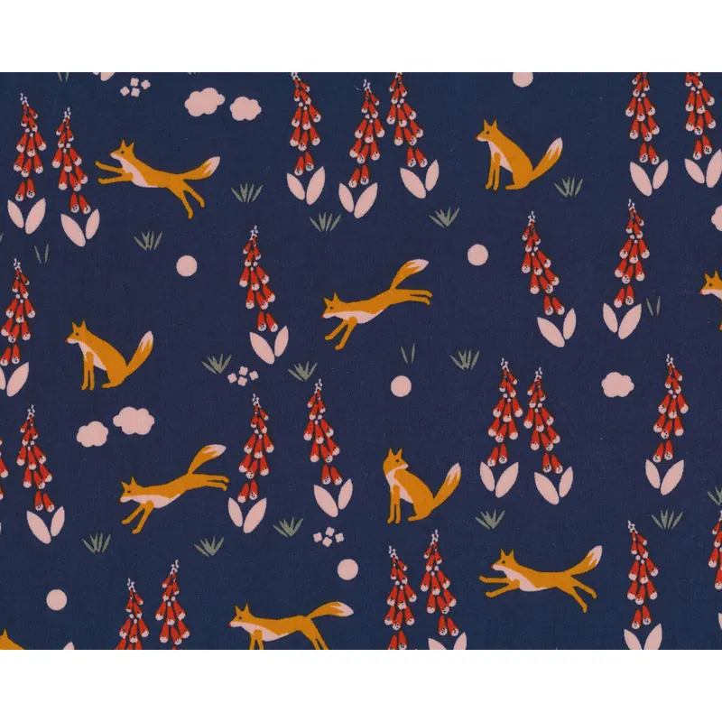 Patchworkstoff Organic Cotton FOXGLOVE, Füchse zwischen Fingerhüten, dunkelblau