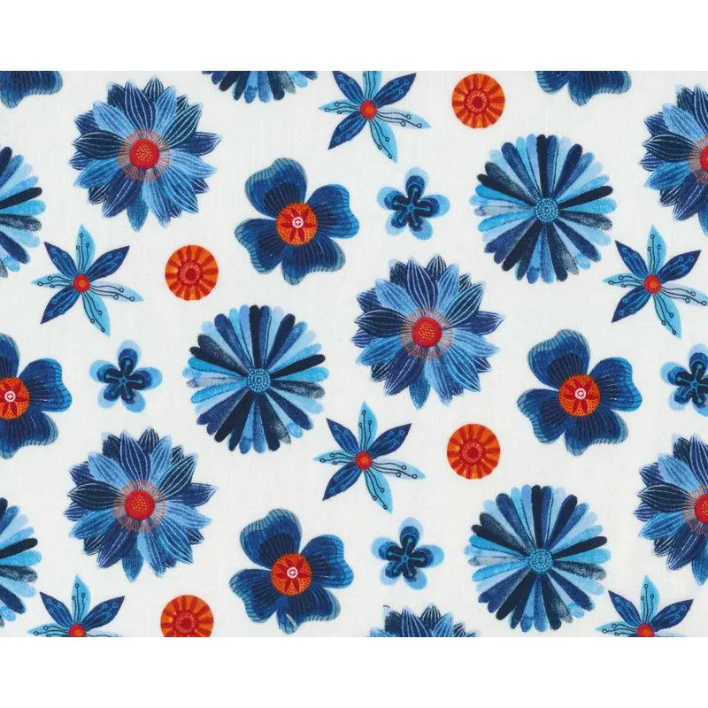 Patchworkstoff Organic Cotton MOODY BLUES, Blüten, gebrochenes weiß-gedecktes dunkelblau