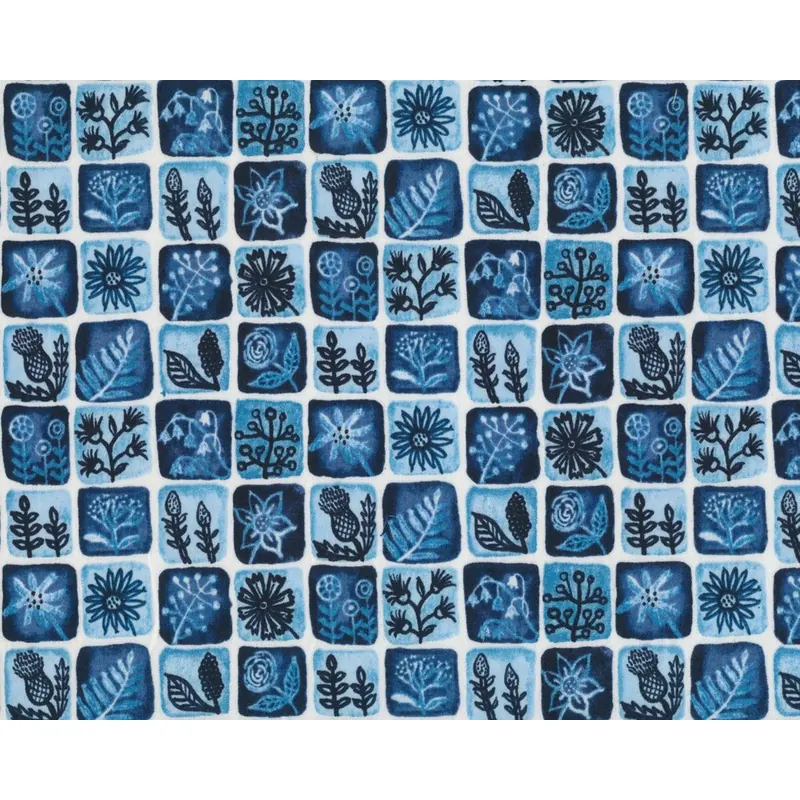 Patchworkstoff Organic Cotton MOODY BLUES, Pflanzen-Karo, dunkelblau-gebrochenes weiß