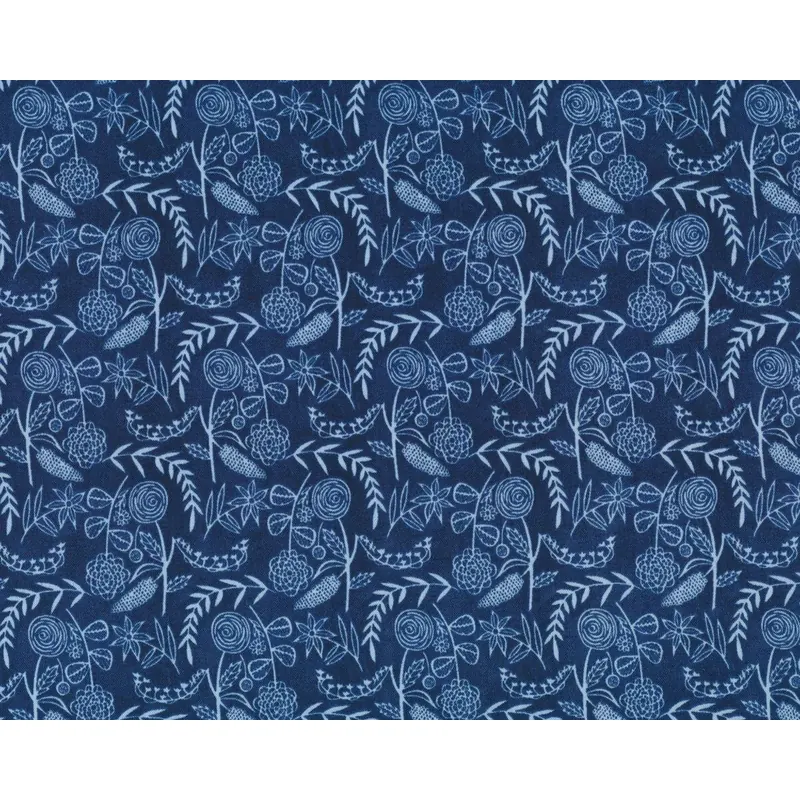 Patchworkstoff Organic Cotton MOODY BLUES, Skizzen-Blumen, dunkelblau-gebrochenes weiß