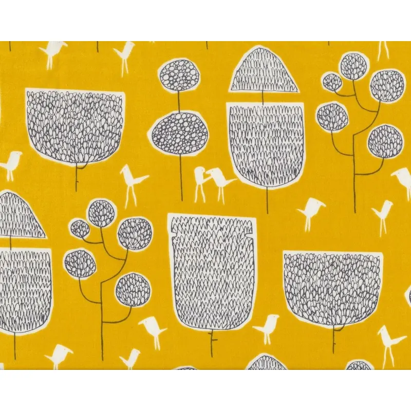 Patchworkstoff Organic Cotton YOYOGI PARK, Strichel-Bäume und Vögel, senfgelb