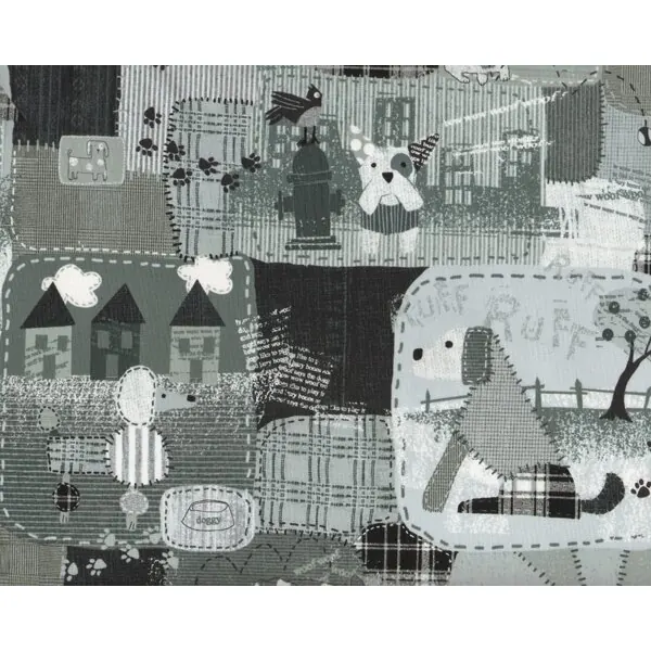 Patchworkstoff "Patches the Dog", Flicken mit Hunden und Eulen, grau-graublau-schwarz
